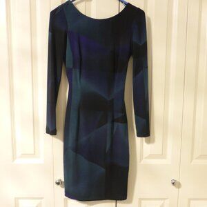 LE CHATEAU black, blue and teal abstract print long sleeve dress